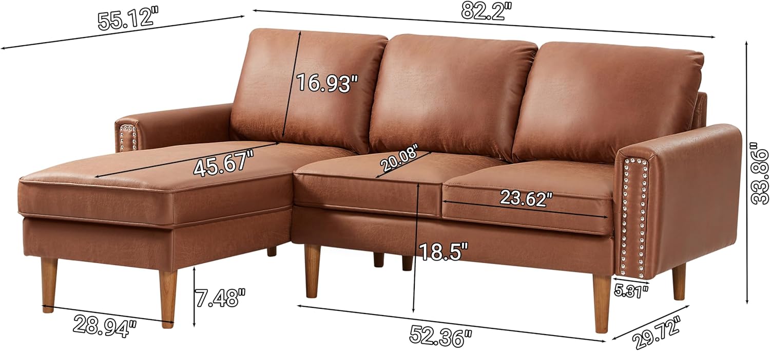 Lifeand 82.2" L-Shape Sofa Couch with Chais Mid-Century Copper Nail on Arms,Strong Wooden Leg and Suede Fabric Design,Left Chaise, Brown