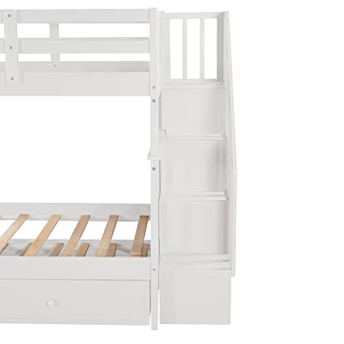 Harper & Bright Designs Twin Over Twin Bunk Bed with Stairs and Trundle, Solid Wood Stairway Bunk Bed Frame with Storage