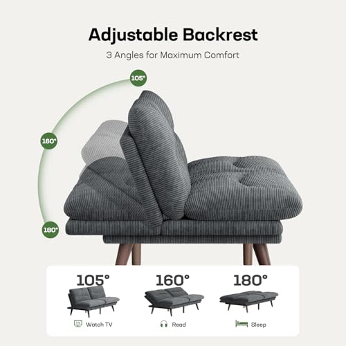 Marsail Futon Sofa Bed, Futon Couch with Adjustable Backrest & Armrests, Convertible Small Sleeper Sofa Bed for Small Apartments, Study Room, Office