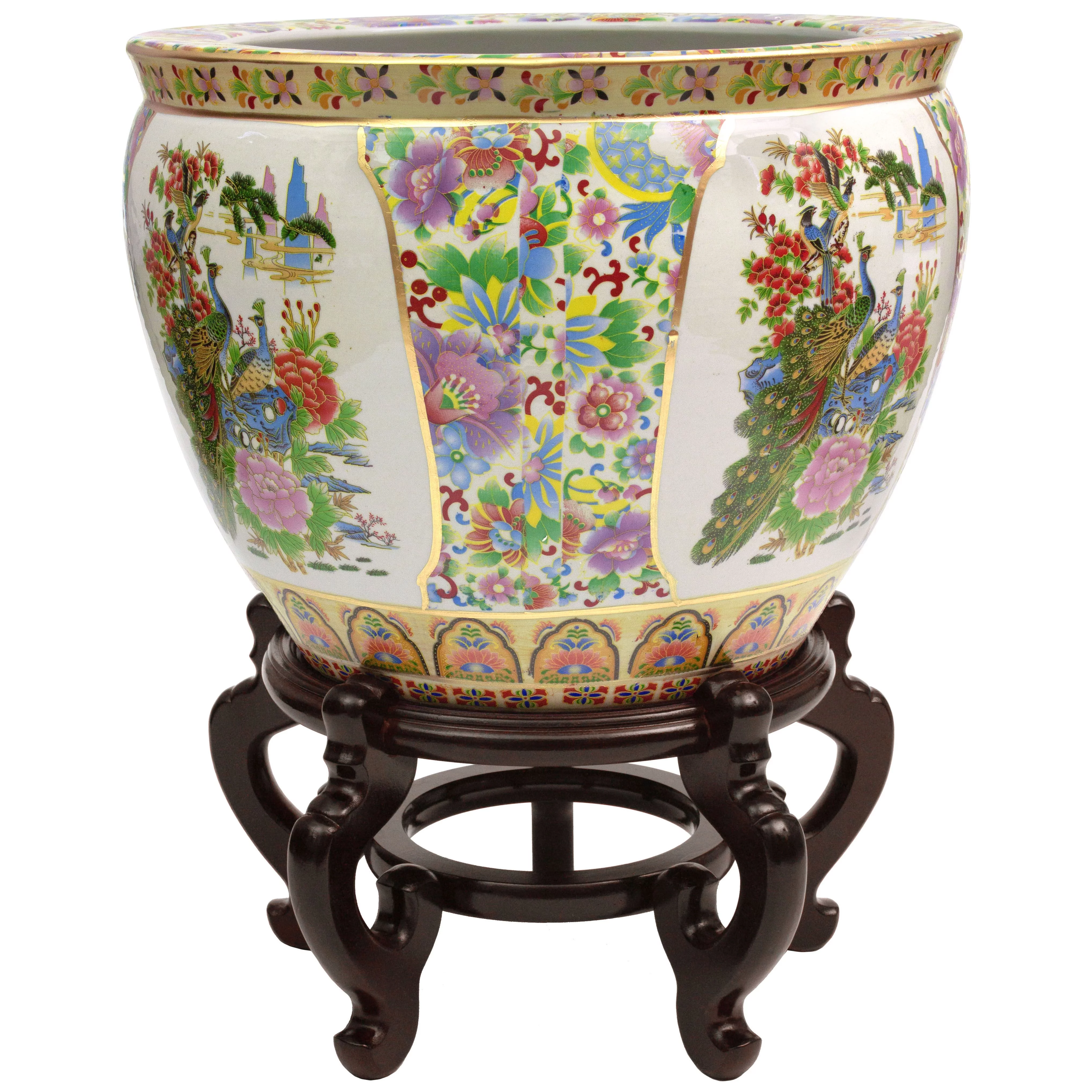 Oriental Furniture 13.5" Everyday Satsuma Birds & Flowers Porcelain Fishbowl Porcelain Decorative Figurine