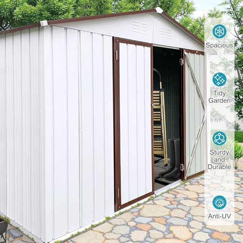 8x6 FT Outdoor Storage Shed, Metal Tool Shed with Lockable Doors, Peaked Roof & Frame Floor