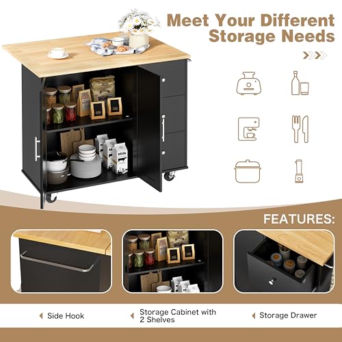 Shintenchi Rolling Kitchen Island Cart with Folding Drop Leaf Breakfast Bar, Portable Trolley Island with Large Storage Cabinet, Shelf and Drawer