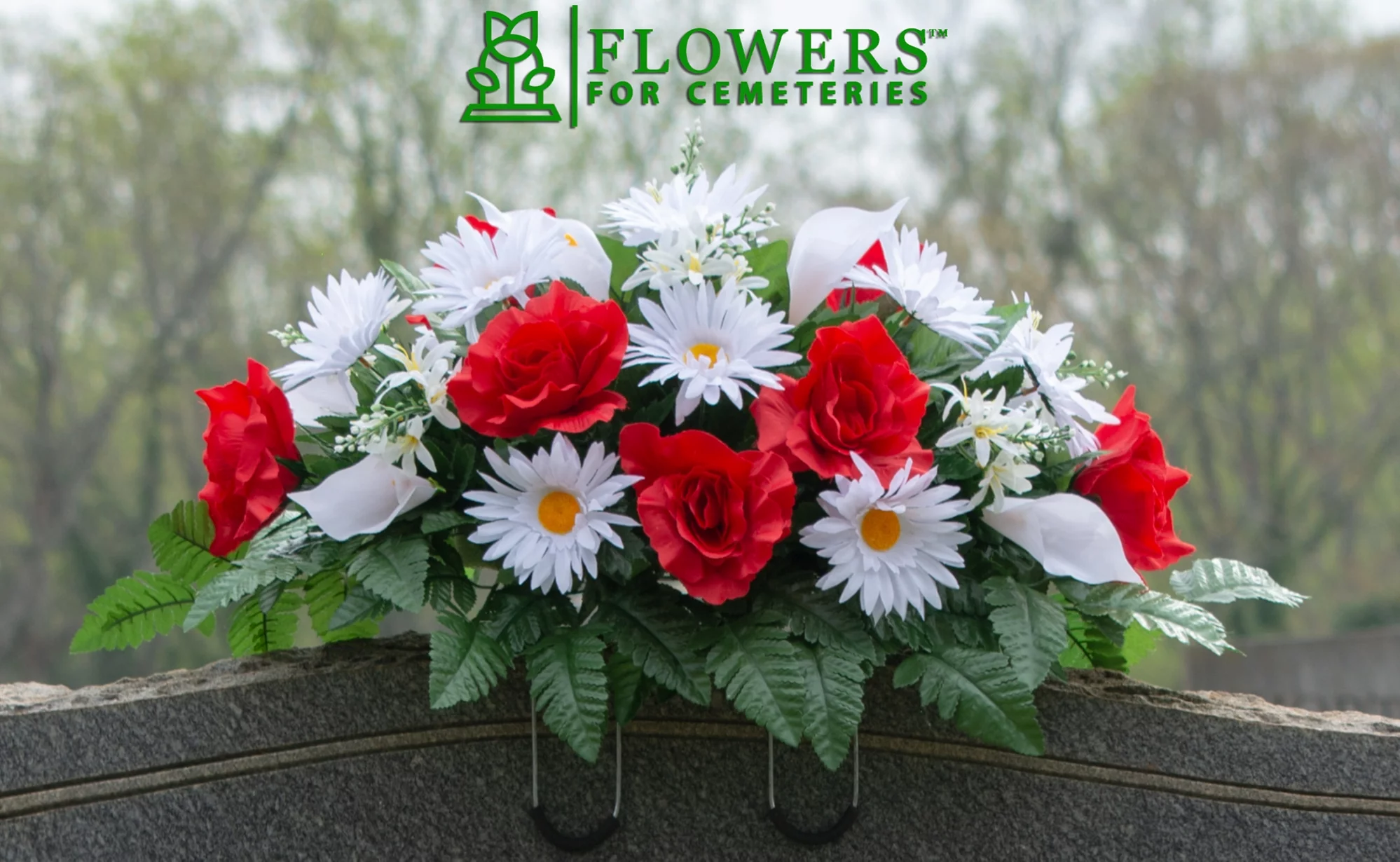 Sympathy Silks Artificial Cemetery Flowers 30" White Calla Lily/Daisy & Red Rose cemetery saddle