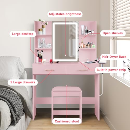 Vanity Set with Lights and Stool, Vanity Desk with Mirror and Lights，Vanity Power Outlet,Vanity Desk with Drawers