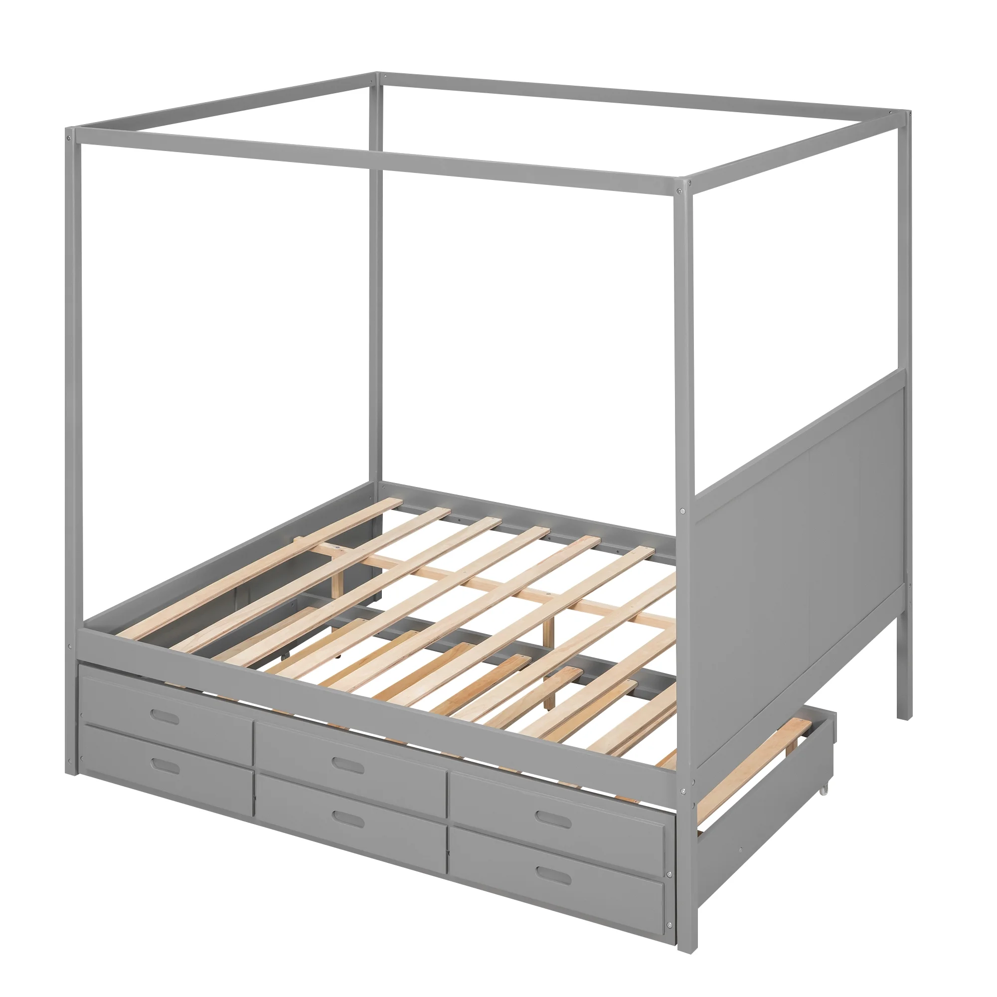 Bellemave Queen Size Canopy Bed with Twin Size Trundle and 3 Storage Drawers, Queen Platform Bed with Headboard, Wood Queen Bed Frame for Kids, Teens