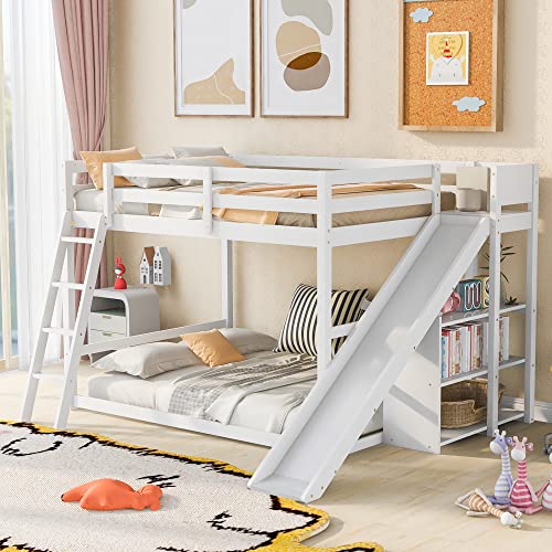 Full-Over-Full Castle Style Bunk Bed with 2 Drawers and 3 Shelves, Wood Bunk Bed Frame with Slide and Storage Staircase for Kids Teens Boys Girls