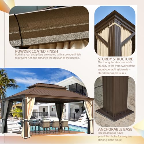 YOLENY 10' x 12' Hardtop Gazebo, Metal Gazebo with Aluminum Frame, Double Galvanized Steel Roof, Curtains and Netting Included