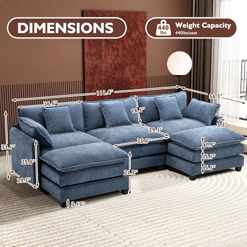 Ihanherry 111.4" U Shaped Modern Cloud Sofa Modular Sectional Couch with 2 Ottoman, 5-Seat Chenille Deep Seat Sofa with Pillow for Living Room