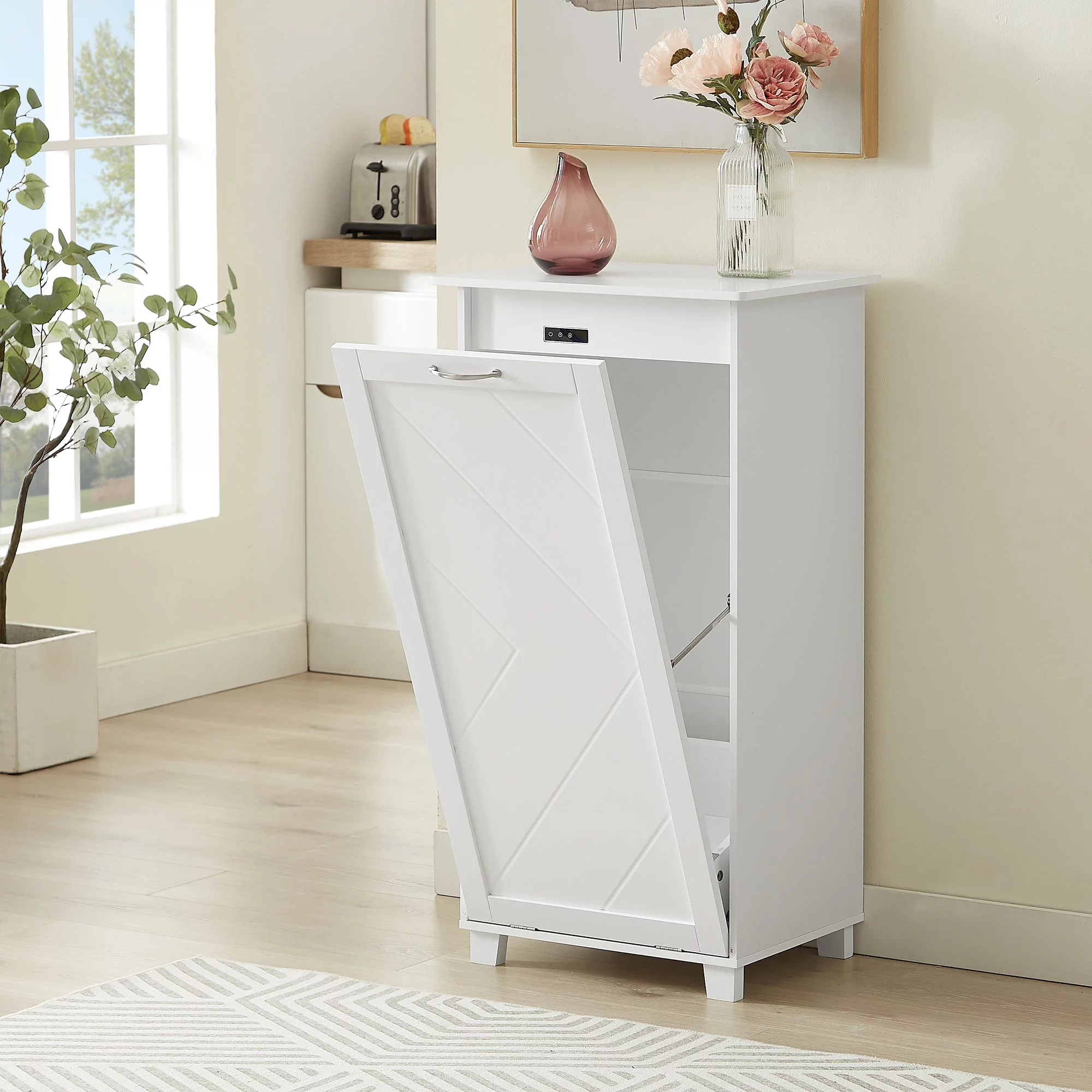 VECELO Kitchen Trash Can Cabinet, Tilt Out Single Door Wooden Recycling Garbage Hamper Cabinet Pet Proof, Freestanding Laundry Sorter Cabinet, White