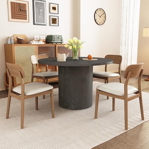 47 inch Round Dining Table for 4, Kitchen Table Dinner Table with 2-Layer Storage Shelf and Wood Slide Door for Home Dining Room Living Room (Walnut)