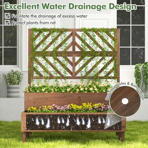 Raised Garden Bed with Trellis & 2 Planter Boxes, 2-Tier Outdoor Wooden Elevated Planter Box with Legs & Drainage Holes