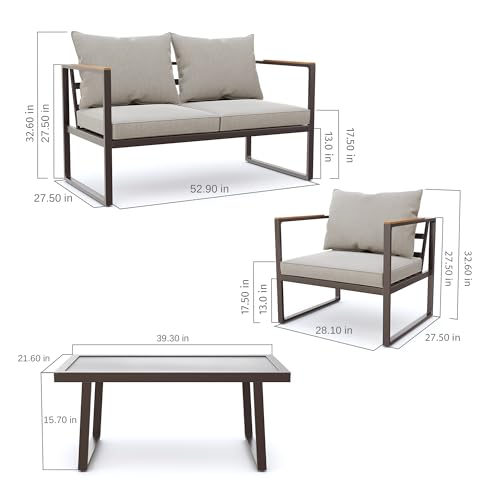 EAST OAK Courtyard Patio Furniture Set, 4-Piece Outdoor Patio Set with Sofa, Removable & Washable Deep Seating Cushion, Tempered Glass Table
