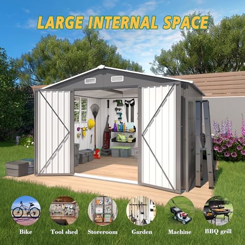 10x12x6.7FT Outdoor Storage Shed, Galvanized Steel Garden Shed with Lockable Door & Window, Waterproof Metal Tool Storage for Garden, Backyard, Patio