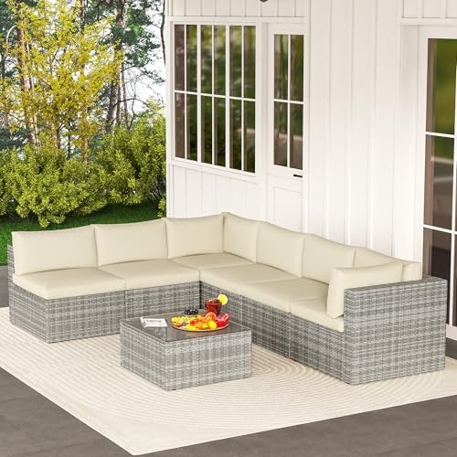7 Pieces Outdoor Patio Furniture Sets with Glass Tea Table, PE Rattan Wicker Patio Conversation Set with Washable Cushions
