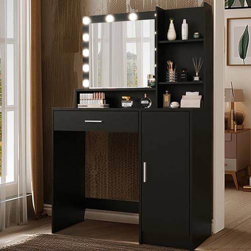 Vanity Desk with Mirror and Light, Large Drawer and Three Level Storage Dresser, 3 Lighting Modes Adjustable Brightness