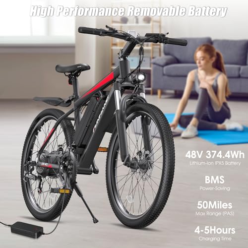 Electric Bike for Adults, Peak 1000W Ebike, 50Miles 21.7MPH Adult Electric Bicycles, 26" Electric Mountain Bike 48V 374.4WH Battery