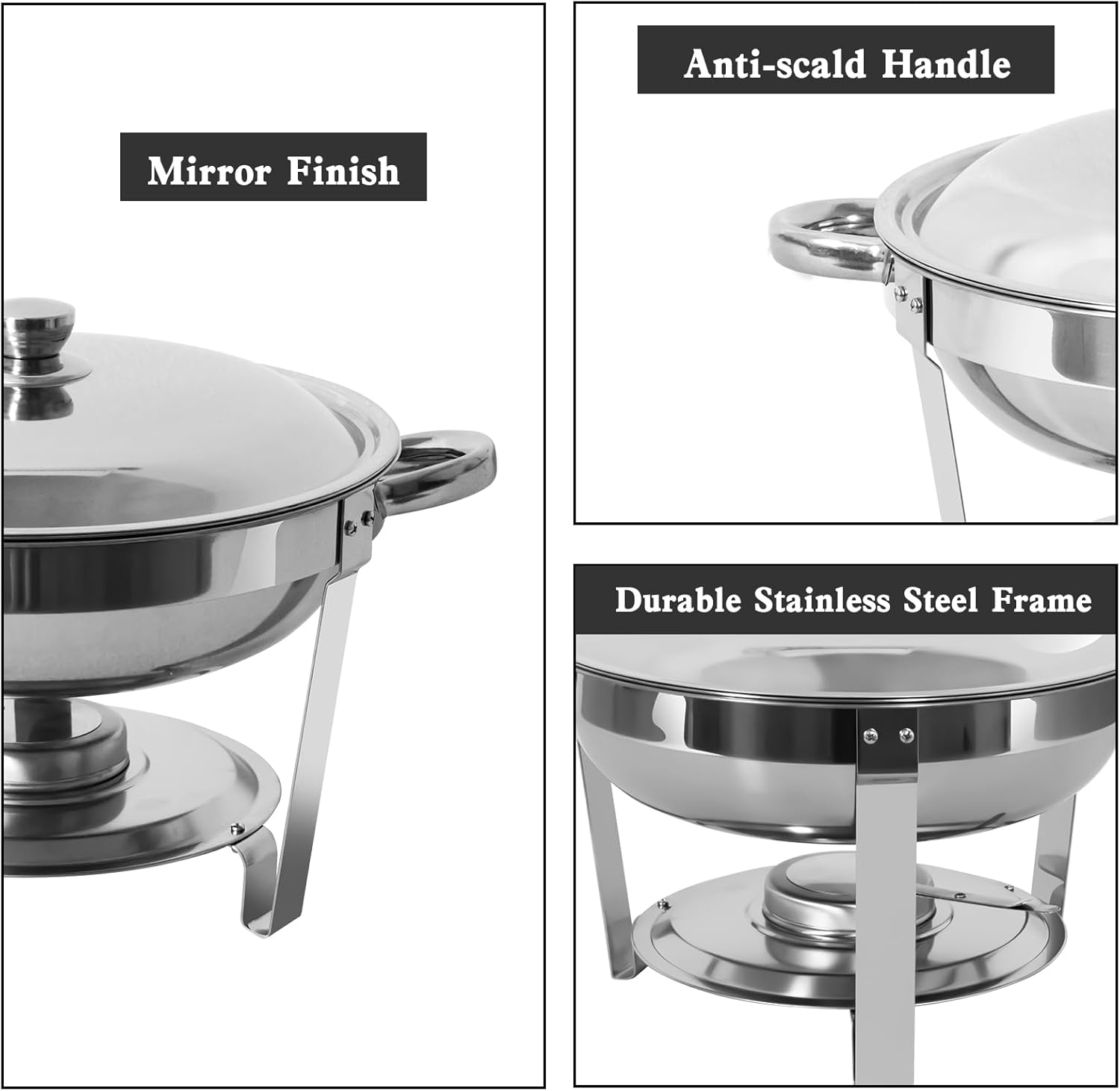 5 Qt Chafing Dish Buffet Set 6 Pack, Stainless Steel Round Chafers and Buffet Warmers Sets with Food and Water Trays for Catering