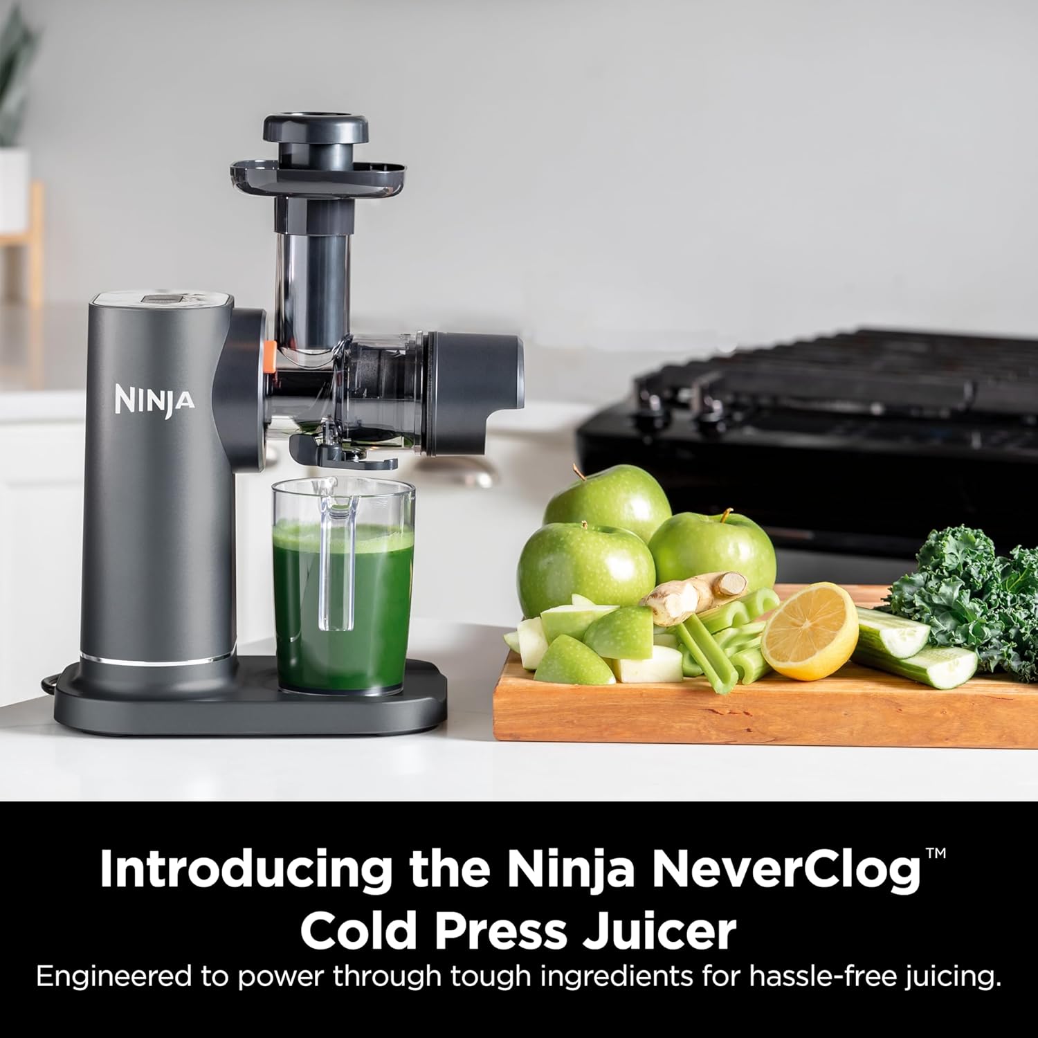 Ninja JC151 NeverClog Cold Press Juicer, Powerful Slow Juicer with Total Pulp Control, Countertop, Electric, 2 Pulp Functions, Dishwasher Safe