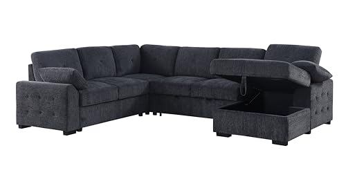 L-Shaped Pull Out Sleep Sofabed,Modern Reversible Sleeper Sectional Sofa Chenille Upholstered Button Tufted Decor with Storage Chaise