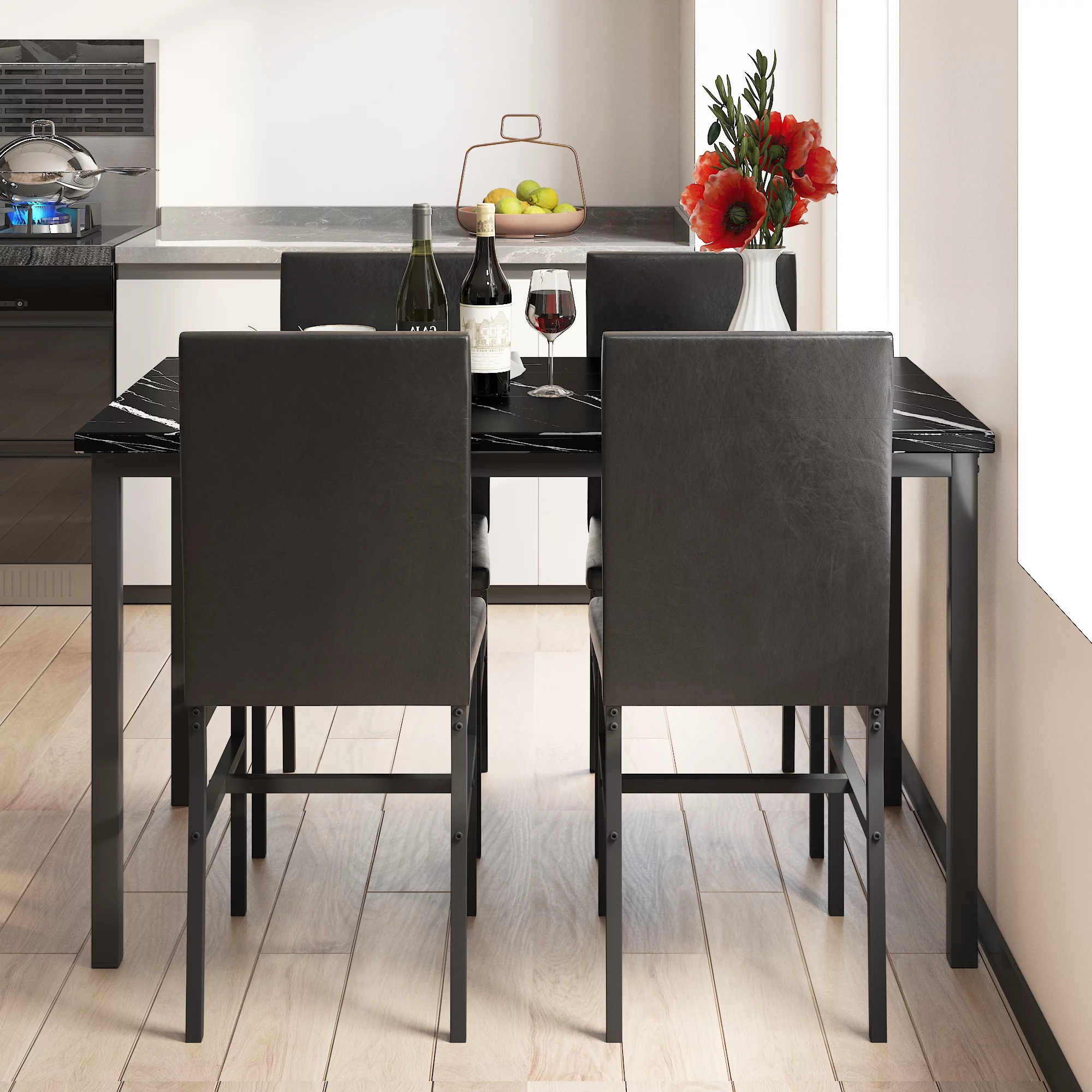 Dining Set for 4, 5-Piece Modern Dining Table and Chairs Set, Marble Top Table with 4 Leather Chairs for Kitchen Dining Room Living Room