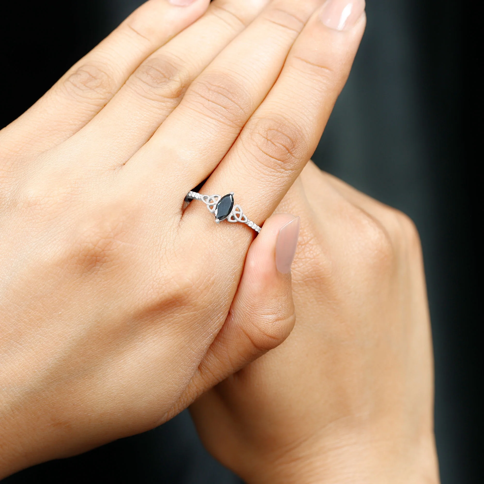 Created Black Diamond Solitaire Celtic Knot Ring with Diamond for Women - AAAA Grade, 925 Sterling Silver, US 4.00