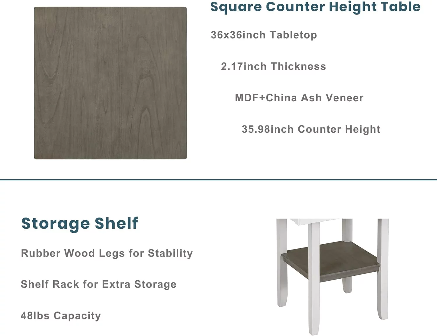 5 Piece Farmhouse Dining Table Set For 4,Counter Height Kitchen Table Set With Storage Shelf, Square Table And 4 Upholstered Chairs For Small Space