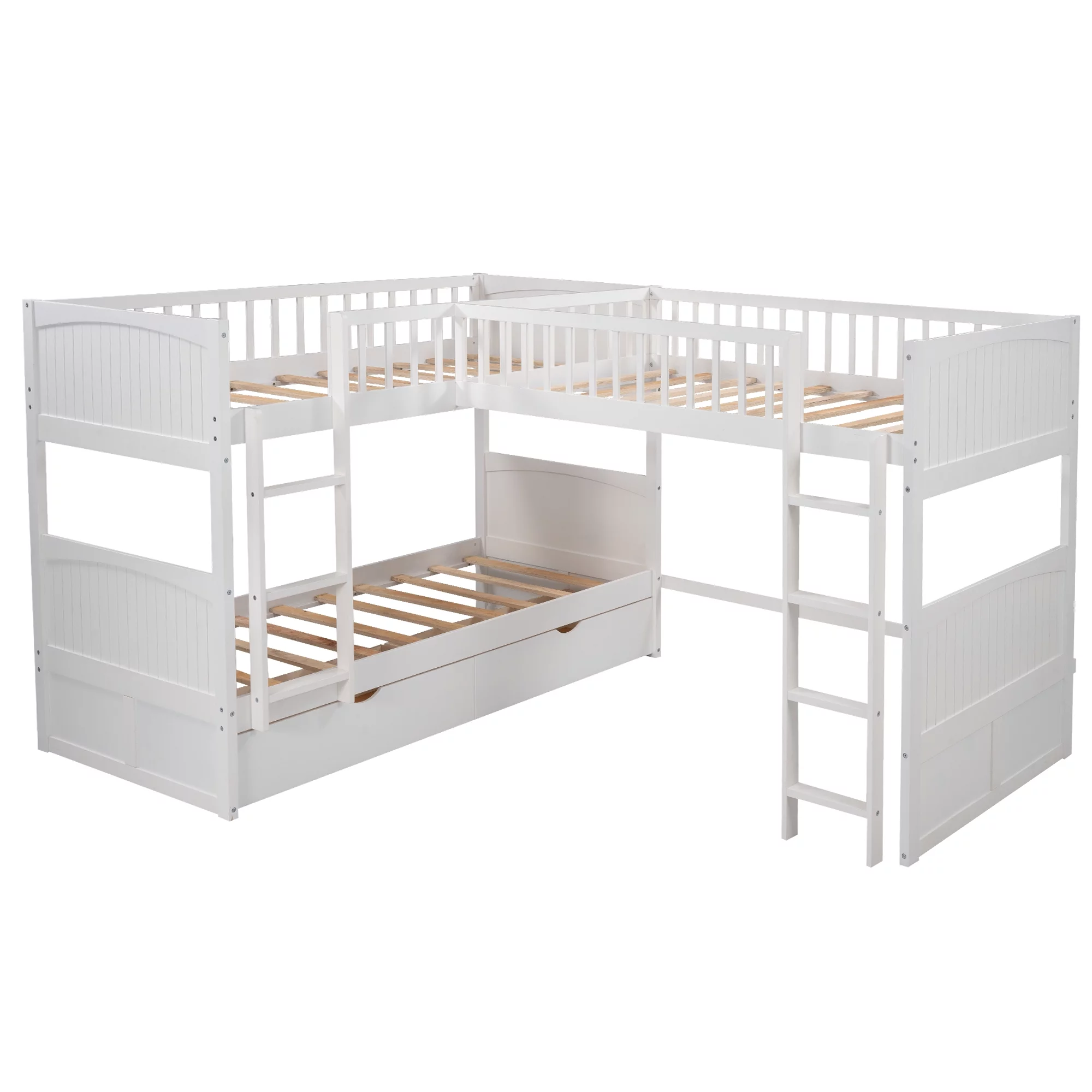 Euroco Twin Size L-Shaped Wood Triple Bunk Bed with Drawers for Kid's Bedroom, White