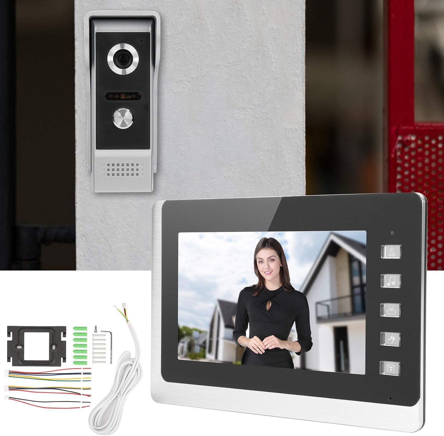 Video Door Phone Doorbell Intercom System, Wired Door Entry System with 7 Inch TFT LCD Monitor & High-definition Camera, for 1-Family House