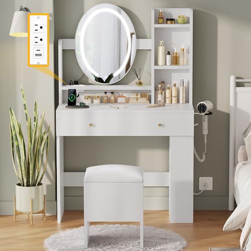 DWVO Vanity Desk with Mirror and Lights, Makeup Vanity Table Set with Power Outlets and Chair, 3 Lighting Colors