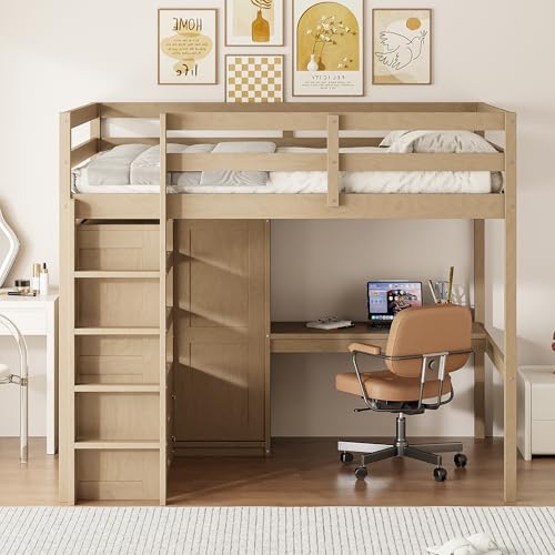 Harper & Bright Designs Full Size Loft Bed with Desk & Wardrobe, Wood Full Loft Bunk Bed with Storage Shelves and Drawers, No Box Spring Needed,White