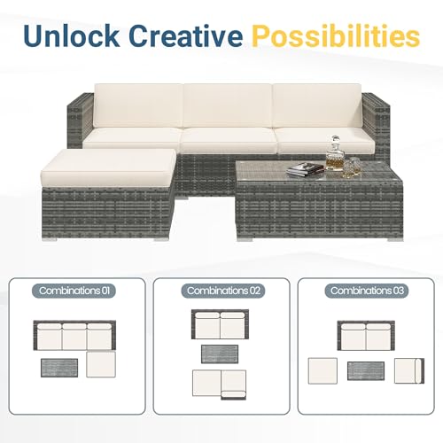 Wisteria Lane 5 Piece Outdoor Patio Furniture Set, All Weather Wicker Rattan Sectional Sofa Conversation Set with Cushions & Large Glass Coffee Table