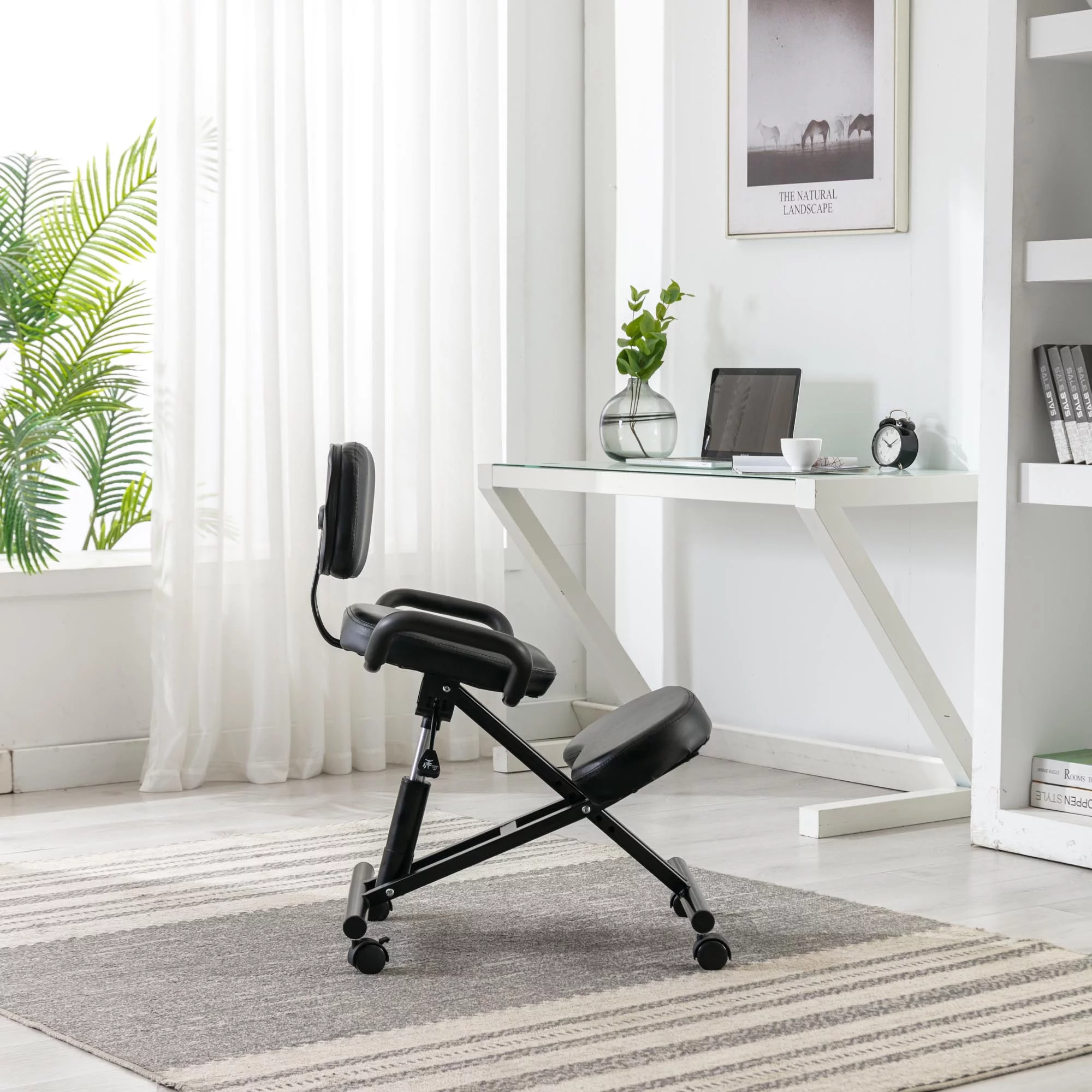 Black Leather seat Ergonomic Kneeling Chair with Arm and Adjustable Height