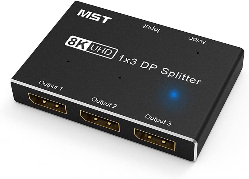 HEZOOMS 8k DisplayPort Splitter 1 in 3 Out 8K@30Hz 4K@144Hz DP 1.4 Splitter Triple MST SST Hub Adapter 1x3 Port for 1 DisplayPort Ultra HD Source to