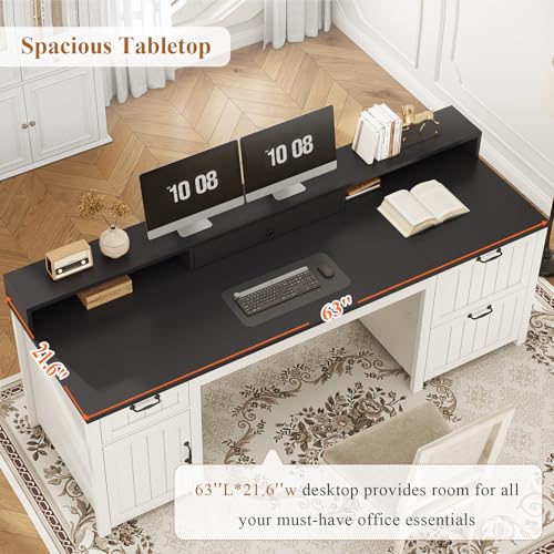 SEDETA Farmhouse 63" Executive Desk, Home Office Desk with File Drawer and Monitor Stand, Computer Desk with Drawers and Storage Cabinet
