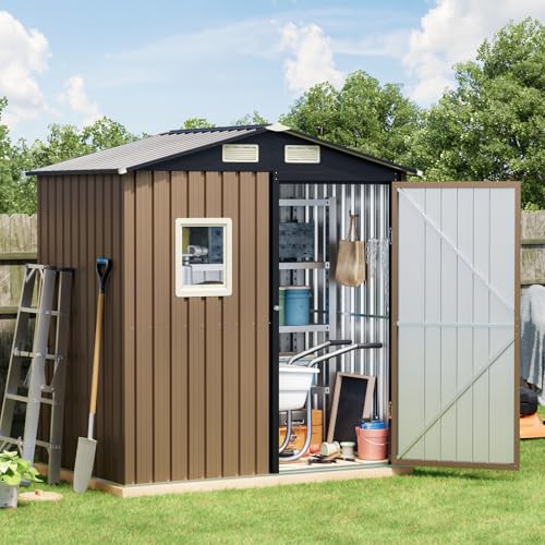 6x4FT Outdoor Steel Storage Shed with Clear Window, Lockable Doors, Weather-Resistant Metal Tool Shed for Garden, Backyard, Patio, and Utility Storage