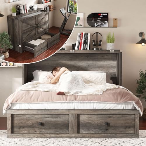 AMERLIFE Queen Murphy Bed with Storage & Charging Station, Farmhouse Murphy Cabinet with Foldable Panel, Noisy Free, for Guest Bedroom, Living Room