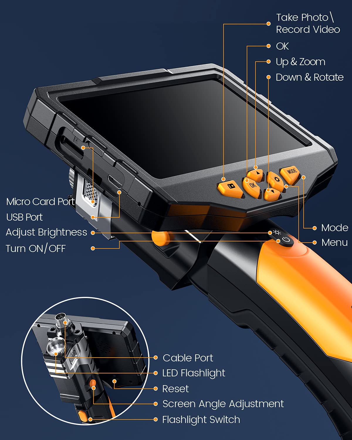 Triple Lens Borescope Inspection Camera, Teslong Professional Endoscope with Light, Digital Video Scope Camera, 16.4ft Waterproof Flexible Cable