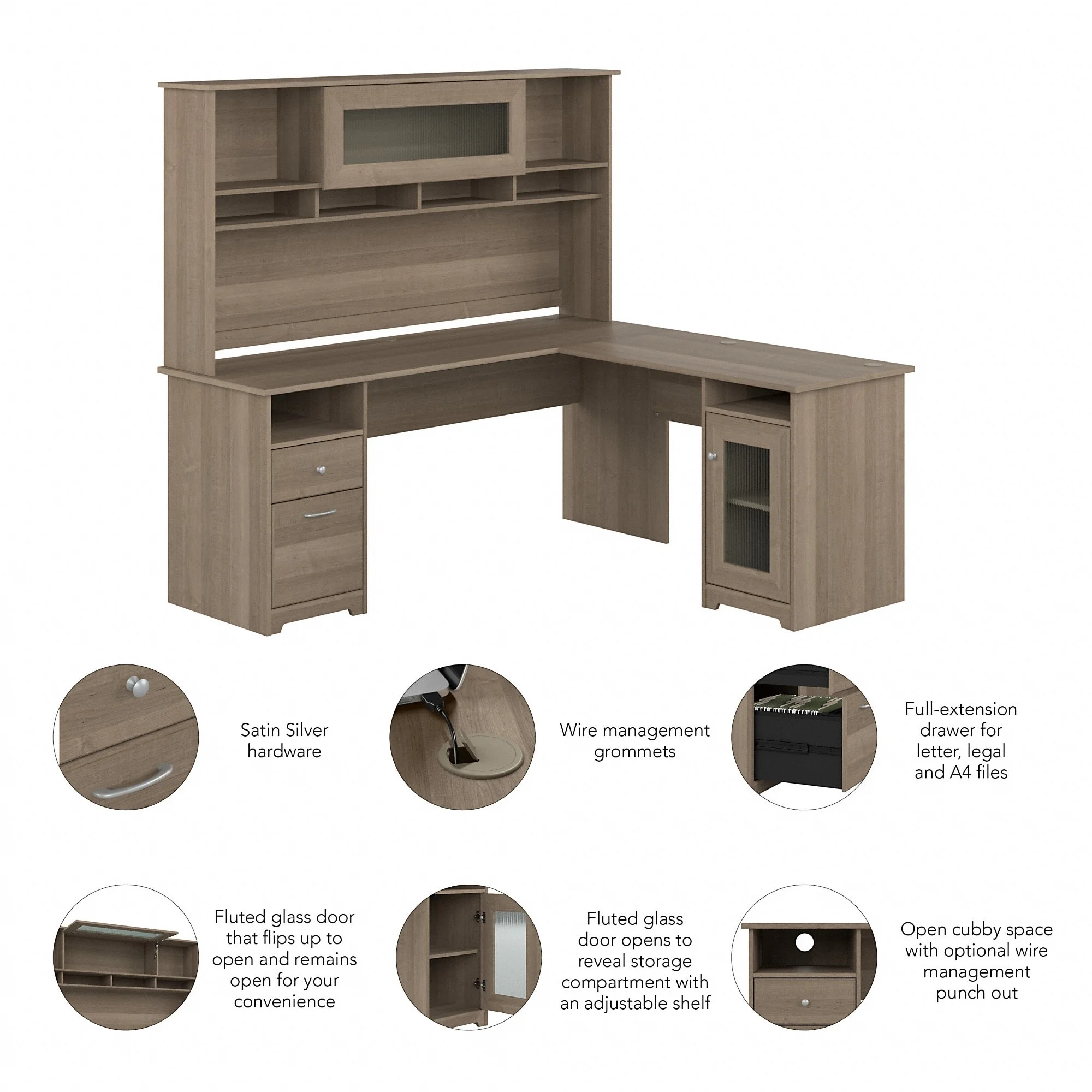 Cabot 72W L Shaped Computer Desk with Hutch in White - Engineered Wood