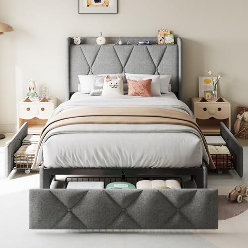 Queen Bed Frame with 4 Storage Drawers and Charging Station, Upholstered Platform Bed Frame with Storage Headboard, No Box Spring Needed