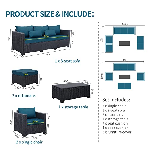 Rattaner Patio Wicker Furniture Set 6 Pieces Outdoor HDPE Wicker Conversation Couch Sectional Chair Sofa Set with Grey Cushions