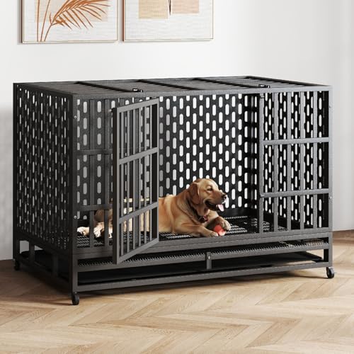 48 Inch Heavy Duty Dog Crate – Indestructible Steel Cage for Large Dogs, Double Door High Anxiety Cage with Removable Tray & Locking Wheels