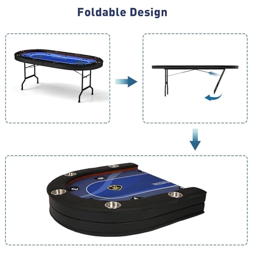 COLOR TREE Foldable Blackjack Poker Table, 84" Premium Texas Hold'em with Cup Holders, Padded Rails, Stylish Blue Design