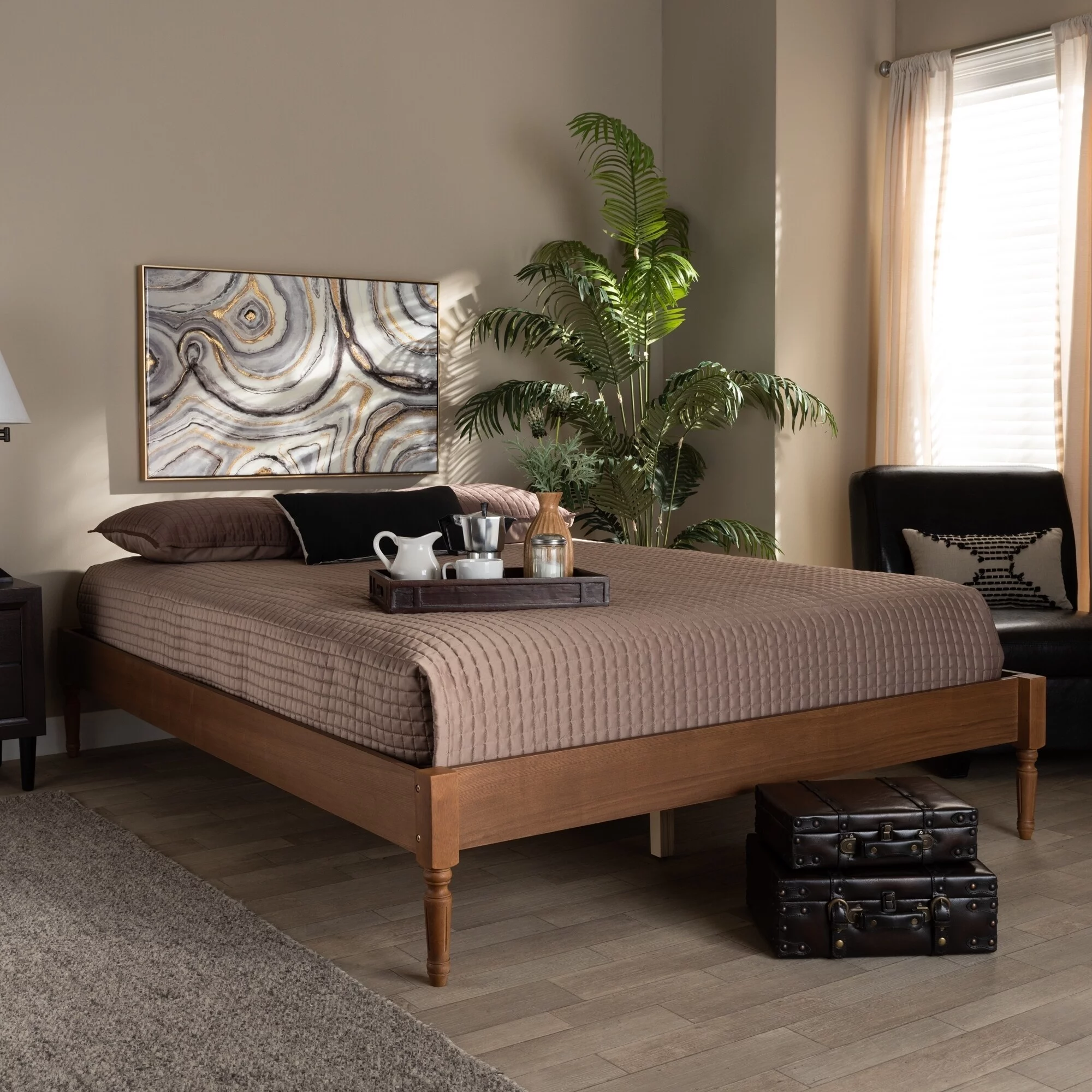 Baxton Studio Colette French Bohemian Wood Platform Bed Frame Antique oak Full