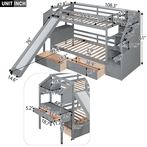 Harper & Bright Designs Bunk Beds Twin Over Full Size, Bunk Bed with Trundle,Storage Shelf and Stairway