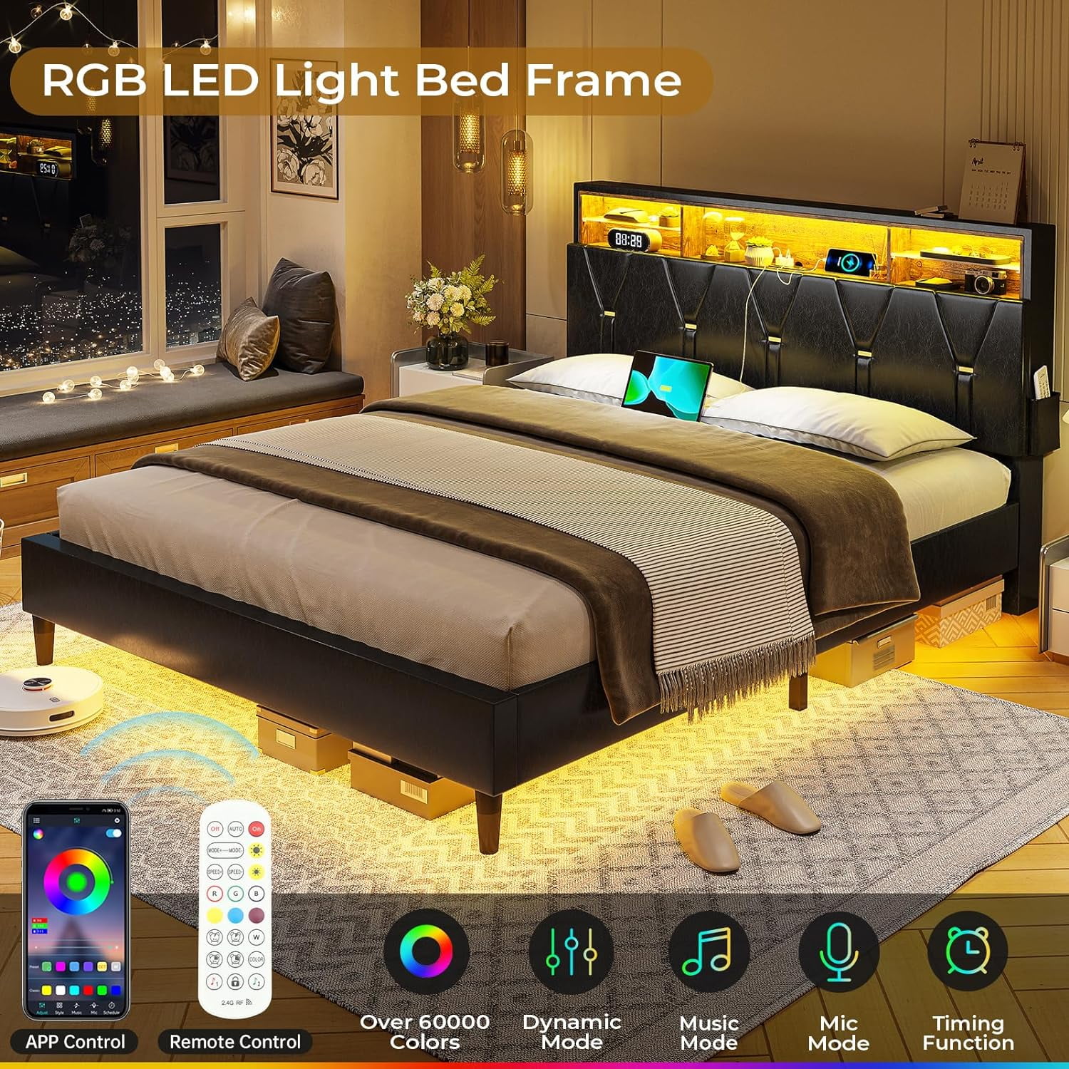 Full Size LED Bed Frame with Upholstered Storage Headboard,Platform Bed with Charging Station and LED Lights,Adjustable Headboard