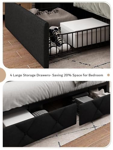 iPormis Queen Bed Frame with 4 Storage Drawers, Upholstered Platform Bed Frame with Charging Station, Modern Wingback Storage Headboard