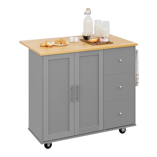 Shintenchi Rolling Kitchen Island Cart with Folding Drop Leaf Breakfast Bar, Portable Trolley Island with Large Storage Cabinet, Shelf and Drawer