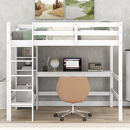 Full Size Loft Bed with Wardrobe and Desk,Wooden Loftbed with Storage Drawers, Shelves,Cabinet for Bedroom,White