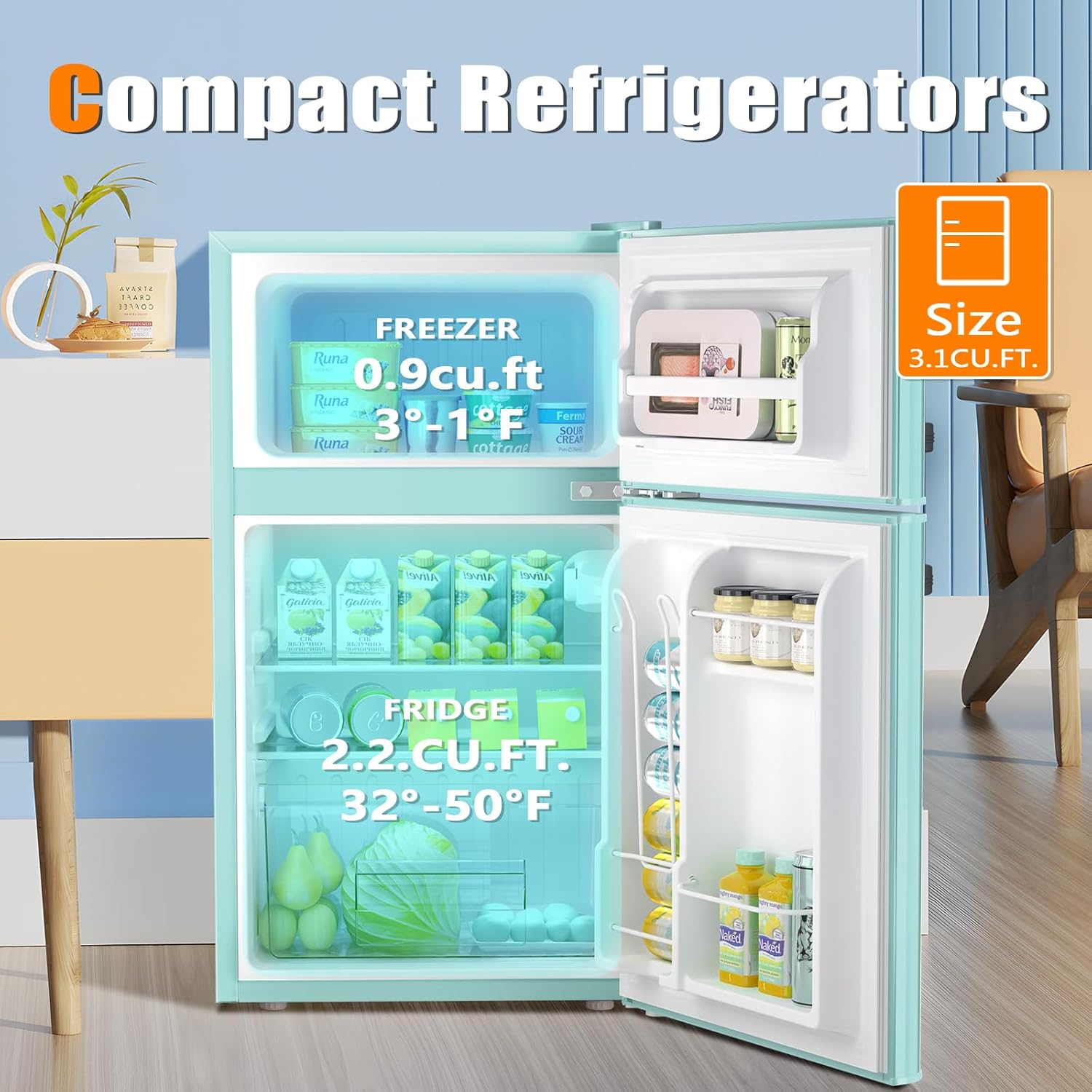 Antarctic Star Compact Mini Refrigerator Separate Freezer, Small Fridge Double 2-Door 3.2 cu ft. Green