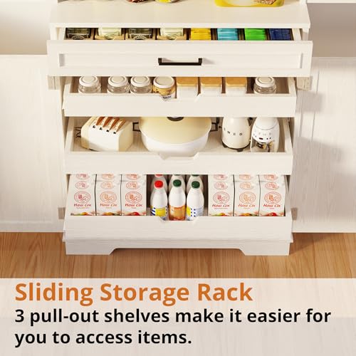 IRONCK Farmhouse Kitchen Pantry Cabinet, 72" Height Tall Freestanding Cupboard with Sliding Storage Rack and 6 Hanging Shelves for Kitchen